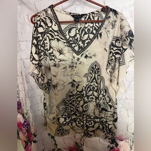 White House Black Market Black and Cream Floral Blouse